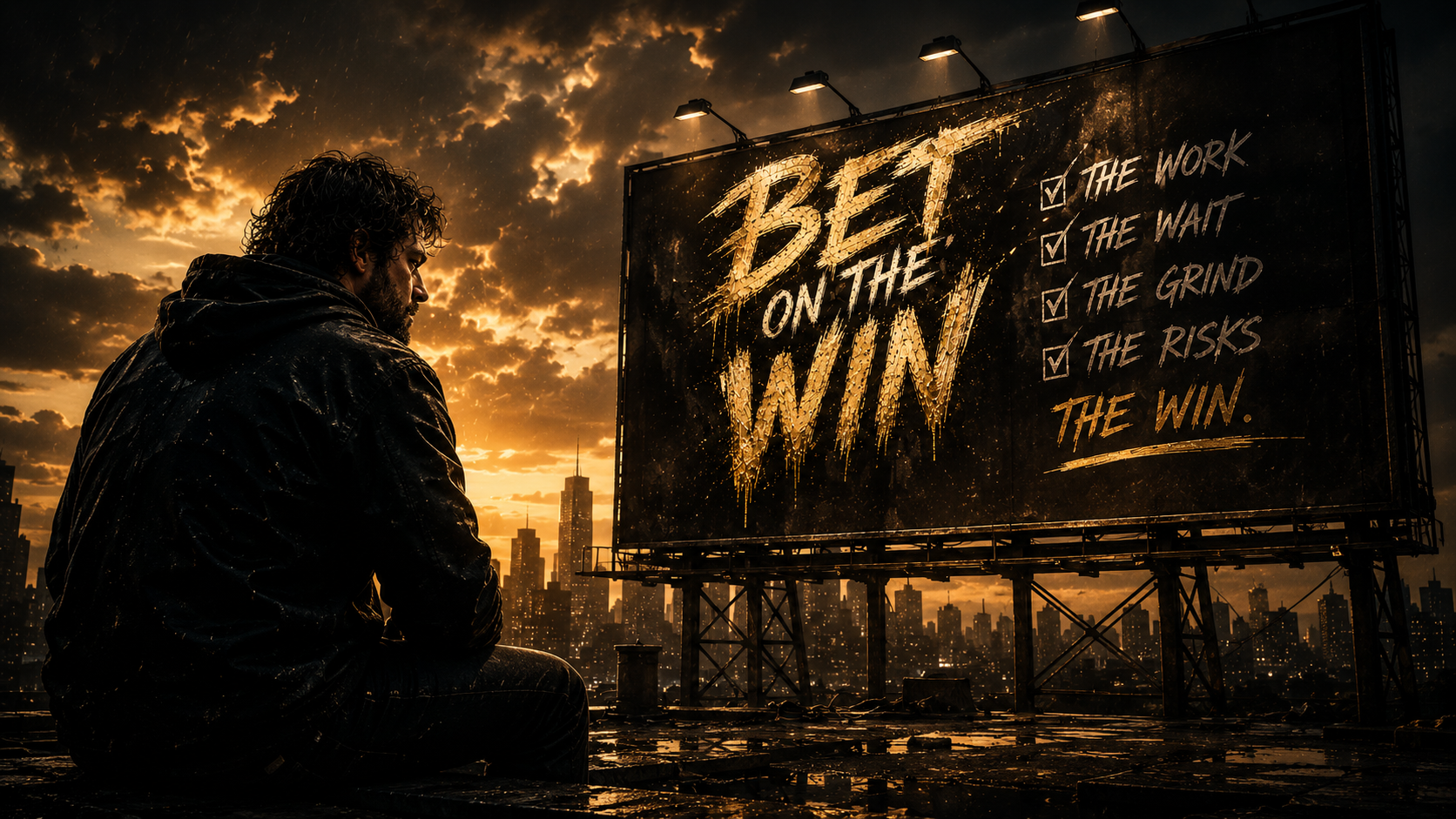 A man in a black jacket sits on a rain-soaked rooftop at sunset, looking toward a large billboard that reads “Bet On The Win” beside a checklist of the work, the wait, the grind, the risks and the win.