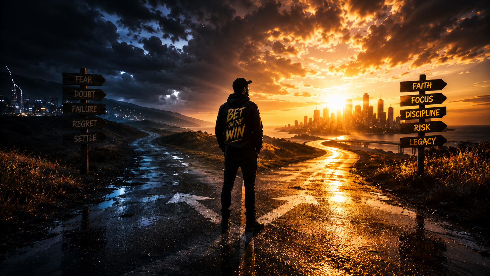 A man in a black “Bet On The Win” hoodie stands at a forked road between a dark storm labeled fear, doubt, failure, regret and settle, and a bright city path labeled faith, focus, discipline, risk and legacy.