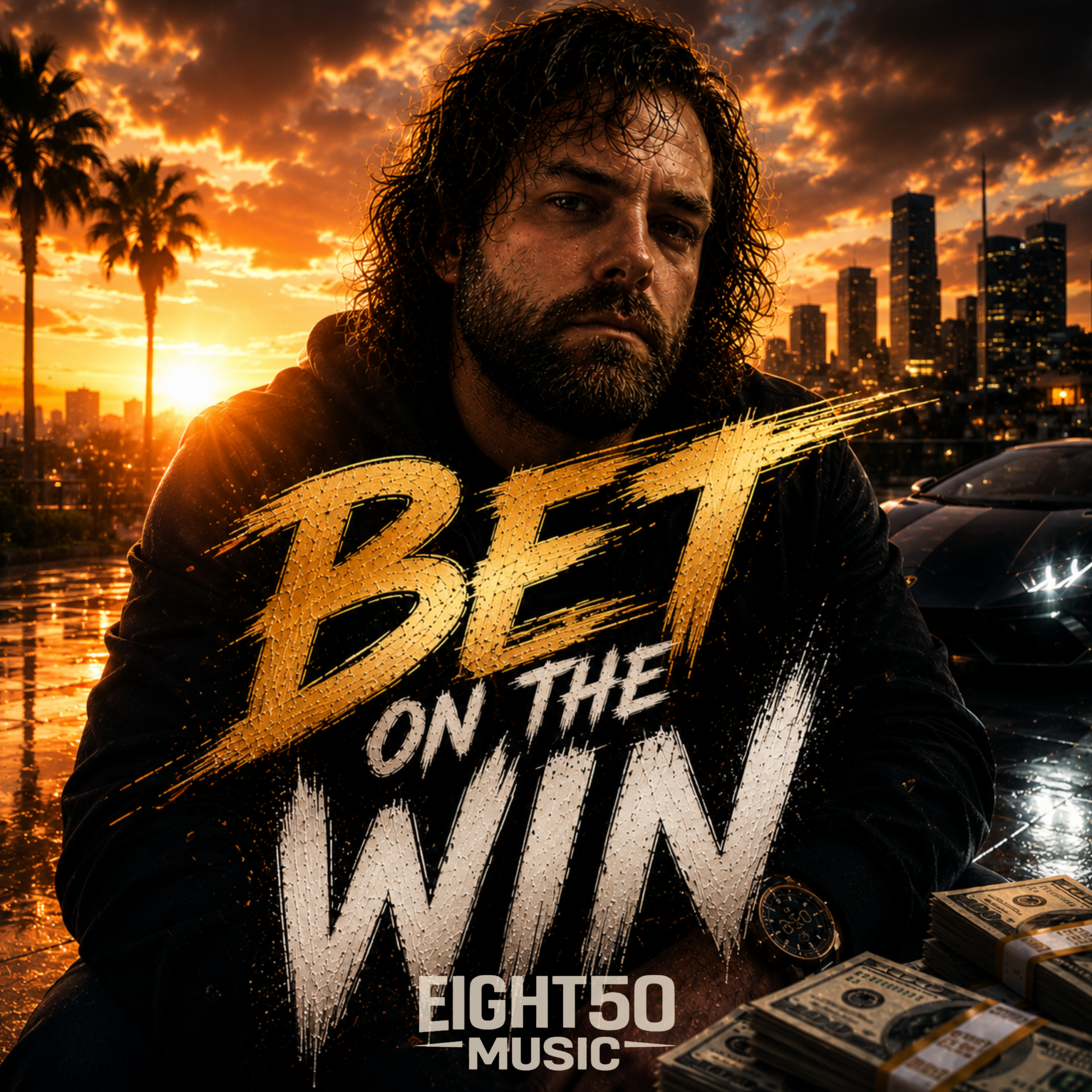 Cover artwork for “Bet On The Win” by eight50music, featuring a determined bearded man in a black hoodie against a dramatic orange city sunset, with bold gold and white title lettering.